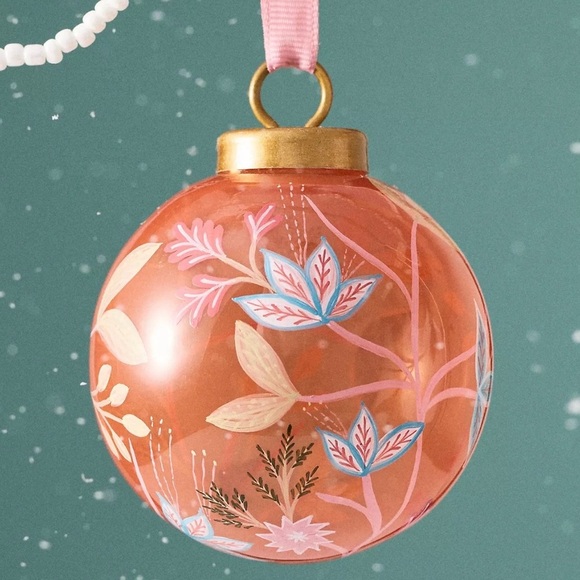 Anthropologie Other - NWT ANTHROPOLOGIE Hand Painted Floral Orange Glass Christmas Holiday Ornament